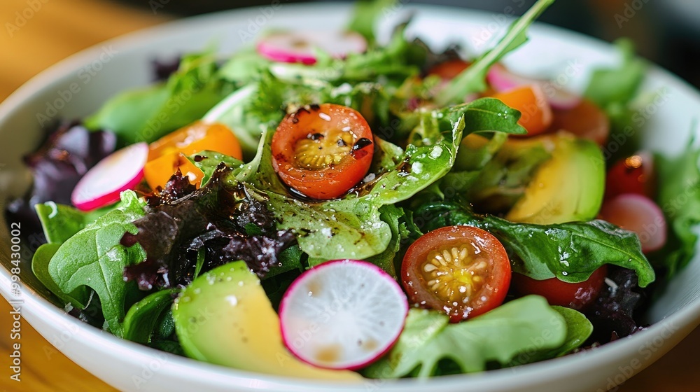 A vibrant salad with mixed greens, avocado slices, cherry tomatoes, radishes, and a drizzle of balsamic vinaigrette. A vibrant salad with mixed greens, avocado slices, cherry tomatoes, radishes, and a drizzle of balsamic vinaigrette.