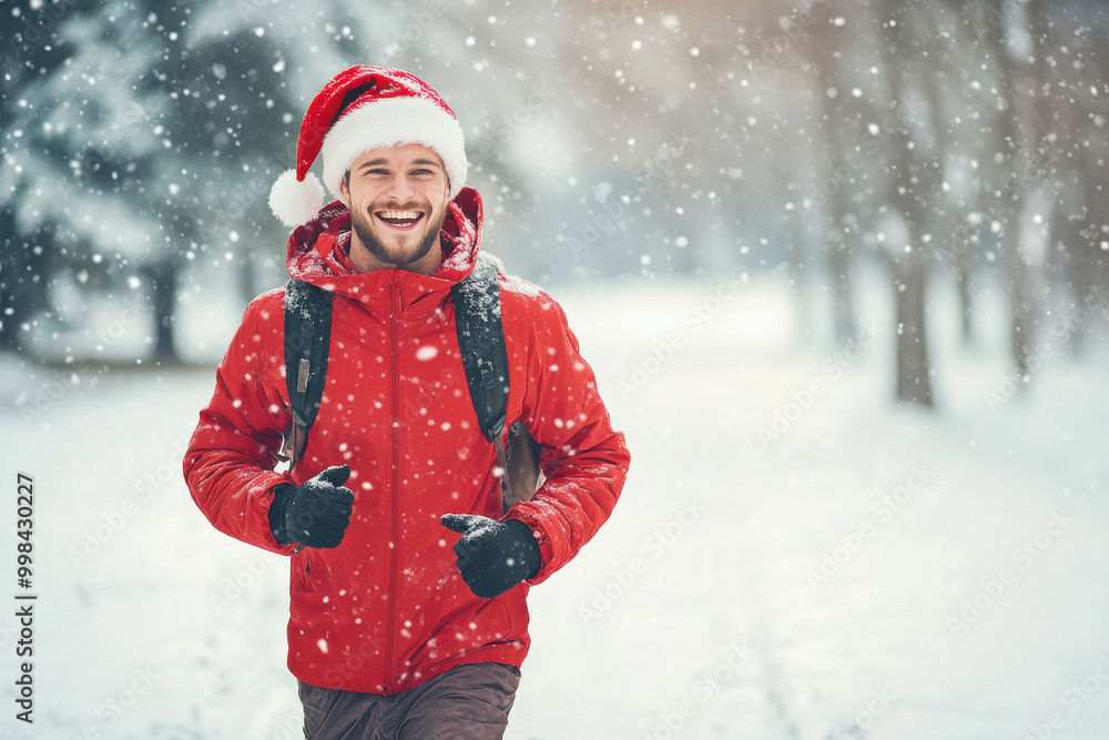 young handsome man running in winter park young handsome man running in winter park