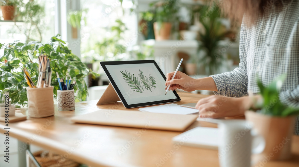 Creating art in bright, plant filled workspace, person uses tablet to draw leaves, surrounded by greenery and art supplies. atmosphere is inspiring and creative Creating art in bright, plant filled workspace, person uses tablet to draw leaves, surrounded by greenery and art supplies. atmosphere is inspiring and creative