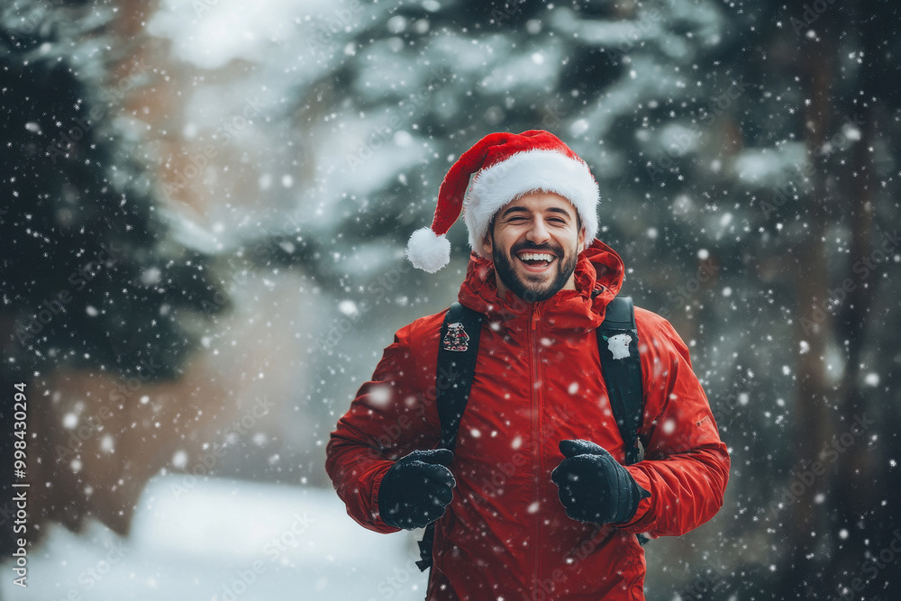 young handsome man running in winter park young handsome man running in winter park