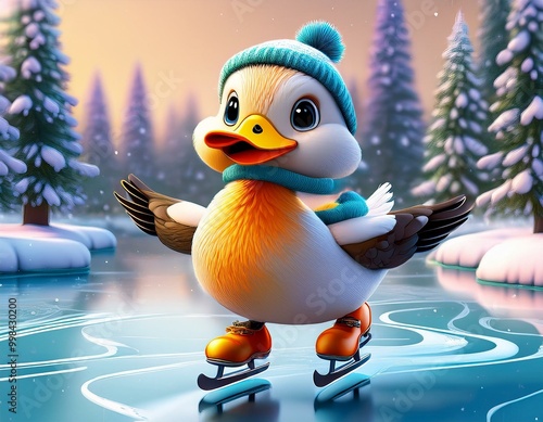 Cute Cartoon Duck in a Wint...