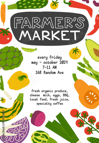 Farmers market advertising flyer with copy space. Cute flat hand drawn vegetables in vertical poster for local food festival promo. Leaflet for urban bazaar with fresh veggie grocery.