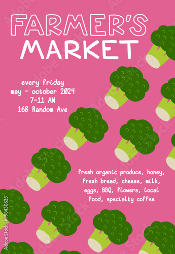 Farmers market advertising flyer with copy space. Cute flat hand drawn broccoli in vertical diagonal poster for local food festival. Pink and green leaflet for urban bazaar with fresh veggie grocery.