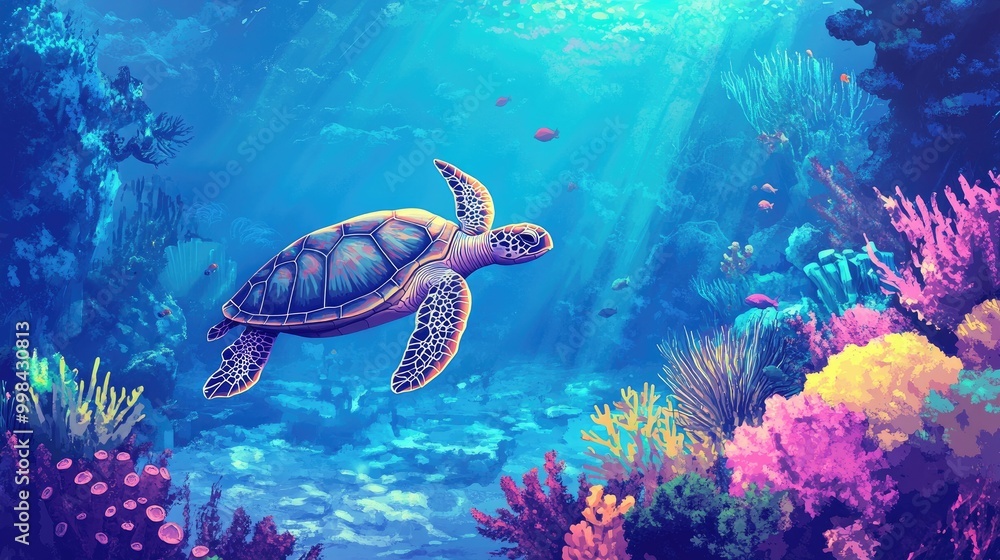 A vibrant underwater scene with a sea turtle gliding gracefully over a coral reef. A vibrant underwater scene with a sea turtle gliding gracefully over a coral reef.
