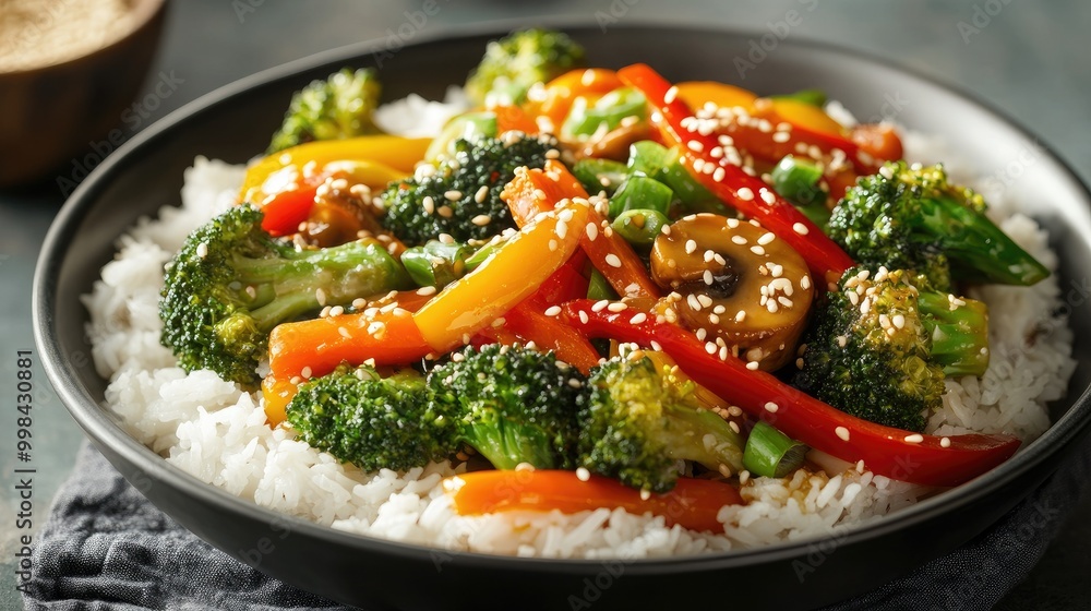 A vibrant vegetable stir-fry with broccoli, bell peppers, carrots, and sesame seeds, served over rice. A vibrant vegetable stir-fry with broccoli, bell peppers, carrots, and sesame seeds, served over rice.