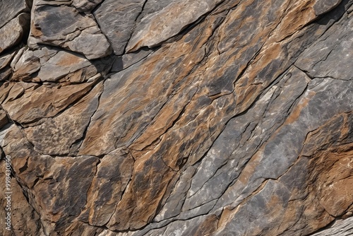 Rugged rock surface with deep crevices and rough, uneven edges, displaying shades of gray and brown