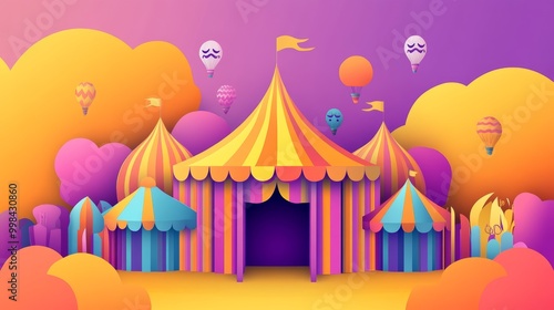 abstract paper cut background carnival festival, 2D flat design carnival tent entrance.