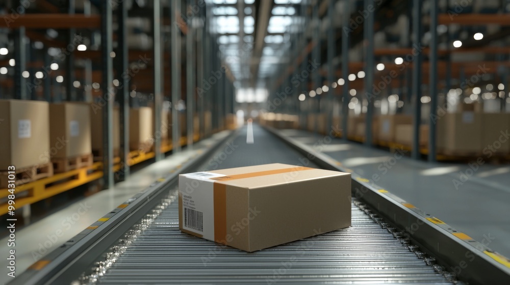 Cardboard boxes being transported on conveyor belt in automated warehouse fulfillment center Cardboard boxes being transported on conveyor belt in automated warehouse fulfillment center