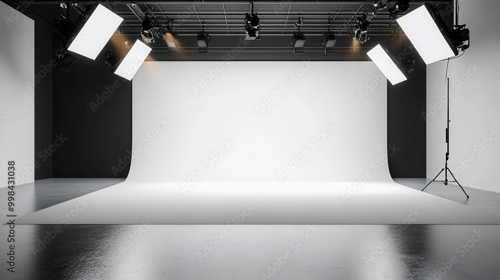 © Bijac - minimalist studio setup with a smooth grey floor seamlessly transitioning into a white cyc wall dramatically lit by overhead spotlights creating a subtle gradient effect