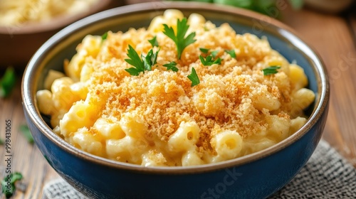 A warm bowl of creamy macaroni and cheese with a golden breadcrumb topping, garnished with fresh parsley.