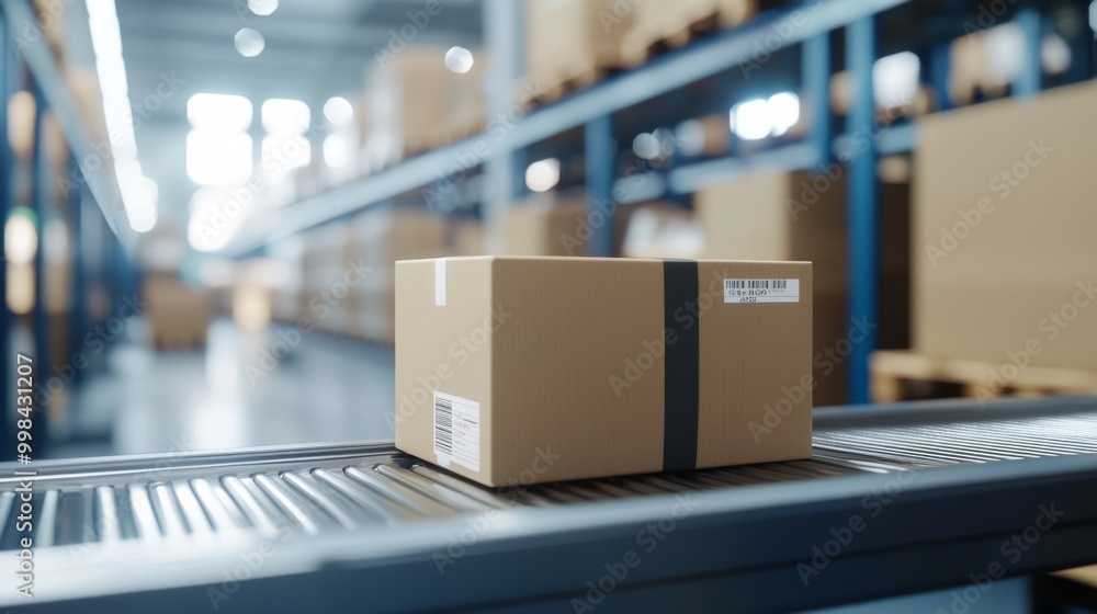 Cardboard boxes being transported on conveyor belt in automated warehouse fulfillment center Cardboard boxes being transported on conveyor belt in automated warehouse fulfillment center