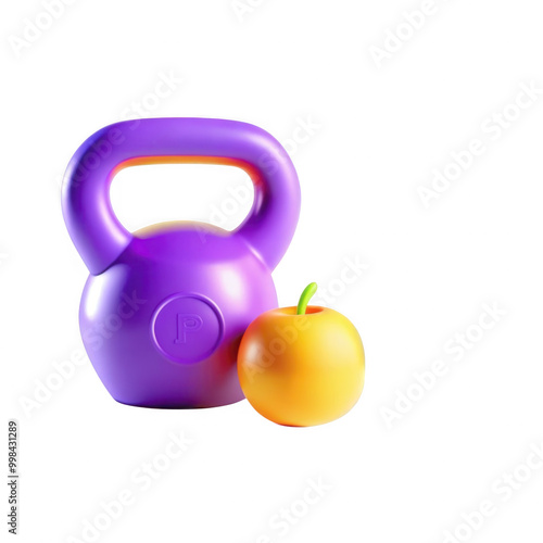 A brightly colored purple kettlebell with a cute orange apple beside it, highlighting a playful approach to fitness and healthy eating. photo