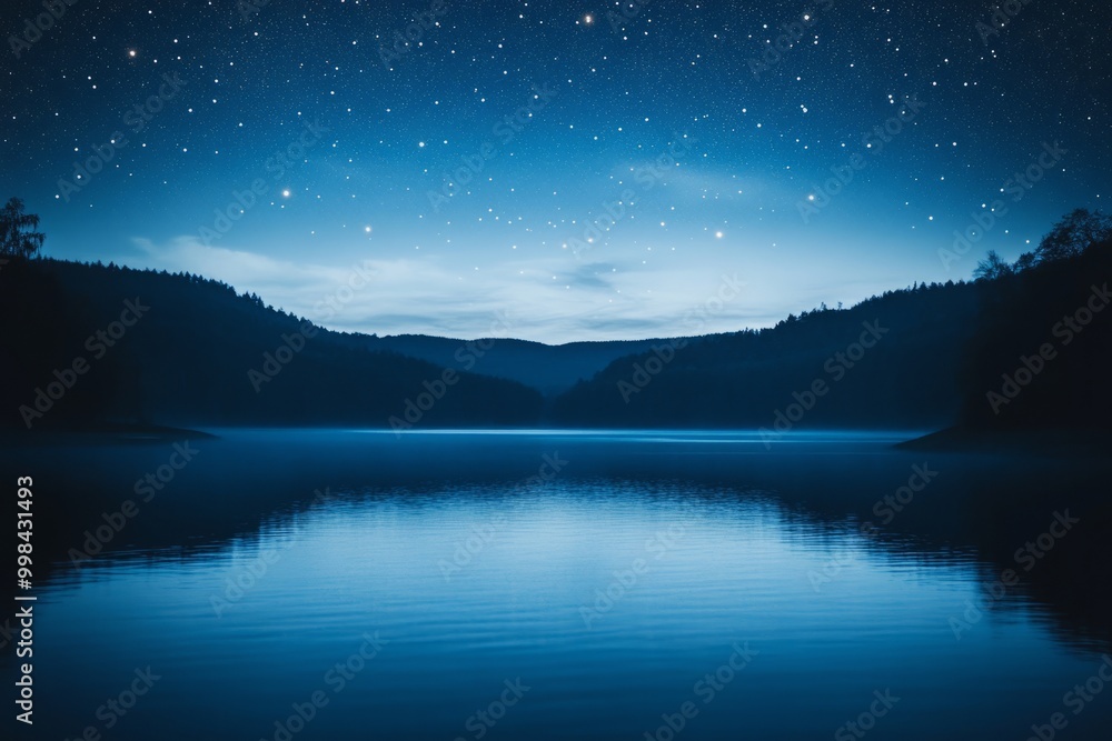 A serene night scene showcasing a calm lake under a starry sky. The deep blue hues create a tranquil setting. Perfect for relaxation and meditation. Generative AI A serene night scene showcasing a calm lake under a starry sky. The deep blue hues create a tranquil setting. Perfect for relaxation and meditation. Generative AI