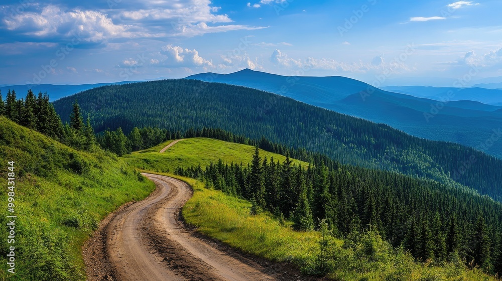 A winding mountain road cutting through a dense green forest under a bright blue summer sky. A winding mountain road cutting through a dense green forest under a bright blue summer sky.