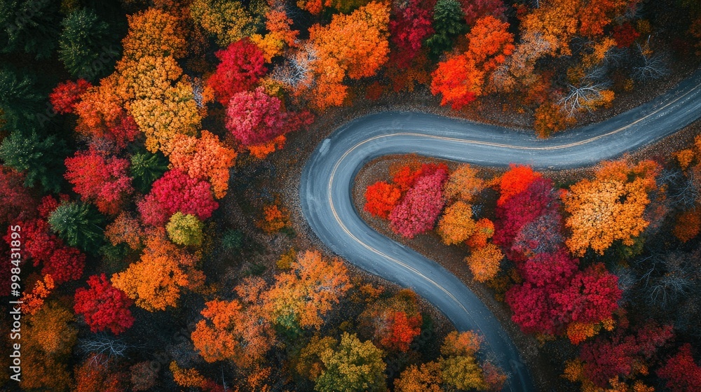 A winding road cutting through a vibrant autumn forest with trees ablaze in red, orange, and yellow. A winding road cutting through a vibrant autumn forest with trees ablaze in red, orange, and yellow.