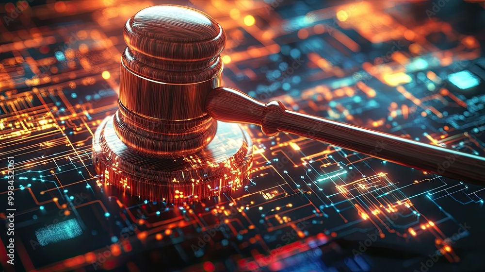 A wooden judge gavel placed on a glowing abstract tech interface, blending law and modern technology. A wooden judge gavel placed on a glowing abstract tech interface, blending law and modern technology.