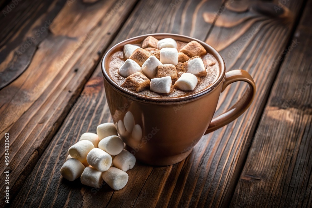 Cup of hot cocoa with marshmallows on a wooden background viewed from below Cup of hot cocoa with marshmallows on a wooden background viewed from below