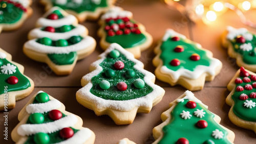 Christmas Tree shaped sugar cookies on a brown background. AI generated