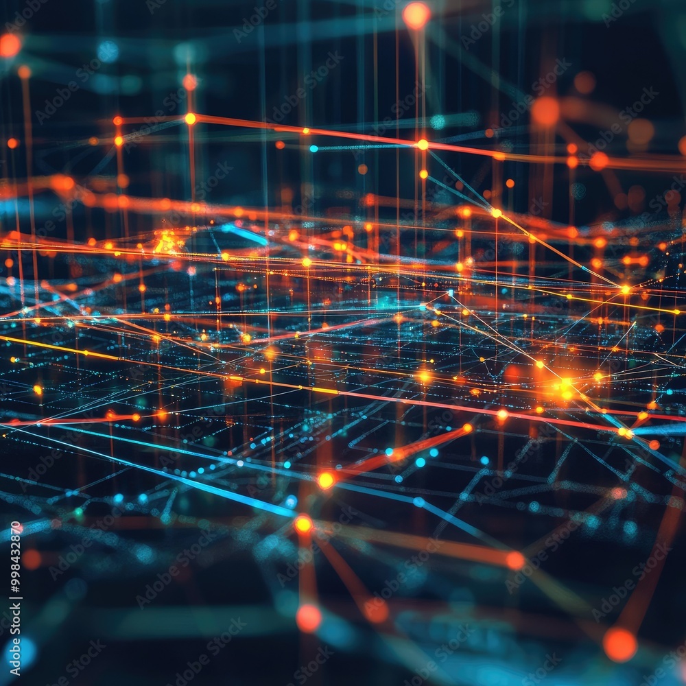 Abstract data points and lines floating over a digital network grid, symbolizing big data analysis. Abstract data points and lines floating over a digital network grid, symbolizing big data analysis.