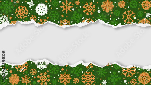 Green Christmas background with torn paper edges and snowflakes. Ripped paper design with space for your text or image. Vector illustration.