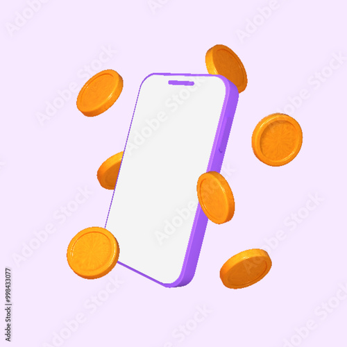 3D phone surrounded by flying gold coins, representing online shopping and financial transactions. Perfect for illustrating investments, money management, or savings. 3D rendered vector illustration.