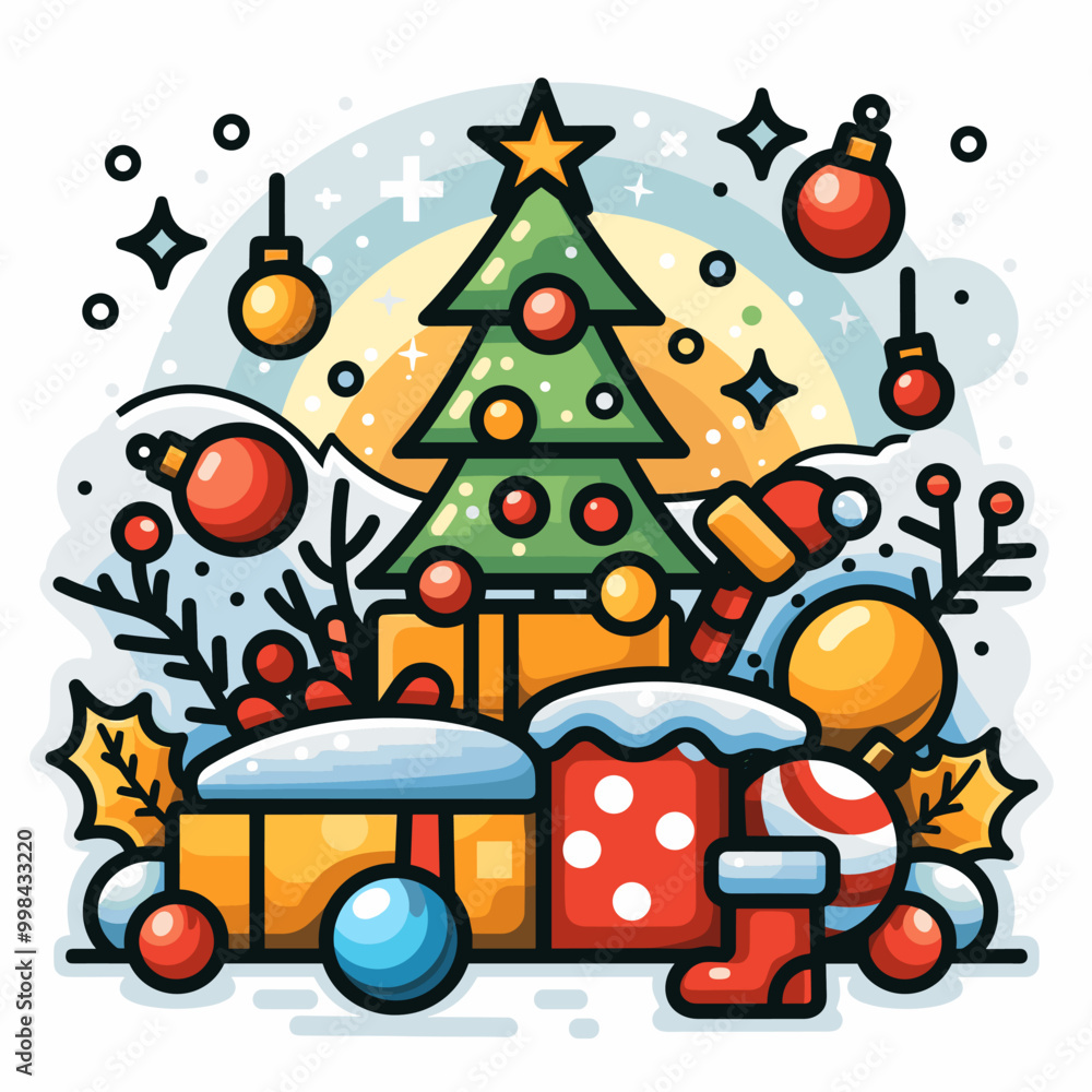 A Christmas tree with many ornaments and a star on top. The tree is surrounded by boxes and presents, and there are also some snowflakes and a Santa hat. Scene is festive and joyful A Christmas tree with many ornaments and a star on top. The tree is surrounded by boxes and presents, and there are also some snowflakes and a Santa hat. Scene is festive and joyful