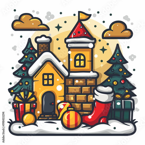 A cartoonish drawing of a house with a red roof and a red hat on top. The house is surrounded by trees and there are several presents scattered around the scene