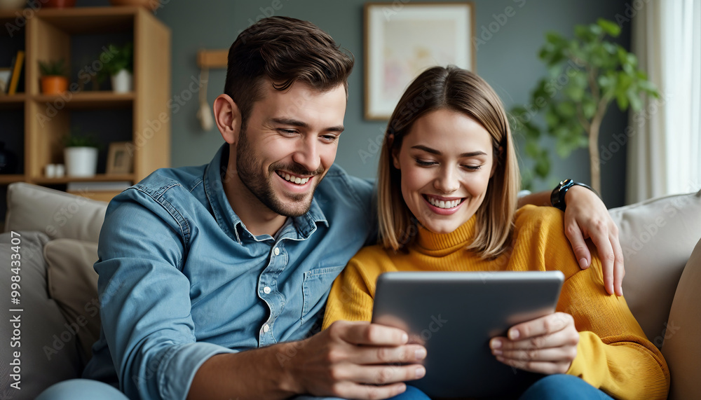 A young couple sitting on a couch, smiling while looking at a tablet, relaxed and enjoying their time together. A young couple sitting on a couch, smiling while looking at a tablet, relaxed and enjoying their time together.
