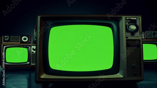 Retro televisions turning captured zoomout shot green screens ready footage replacement offering engaging darktoned 4K visual perfect video production editing television chroma key 80s analog photo