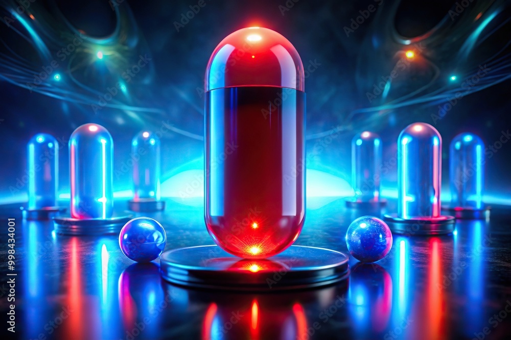Dark mage concept artwork showcasing a symmetrical red pill and blue light