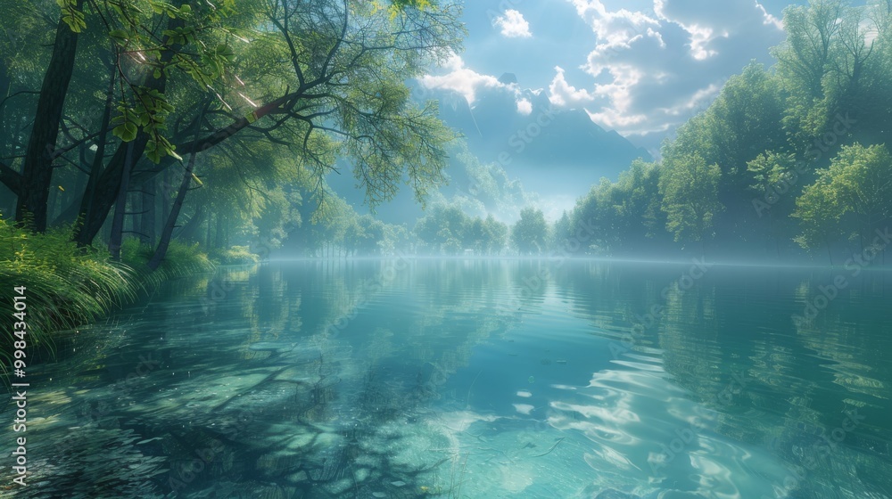 Fototapeta premium Misty forest trees and calm lake reflecting sky and mountains.