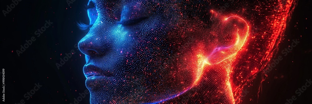 An abstract digital portrait in red and blue hues, featuring intricate light nodes that convey a sense of motion and depth, blending human elements with artistic creativity. An abstract digital portrait in red and blue hues, featuring intricate light nodes that convey a sense of motion and depth, blending human elements with artistic creativity.