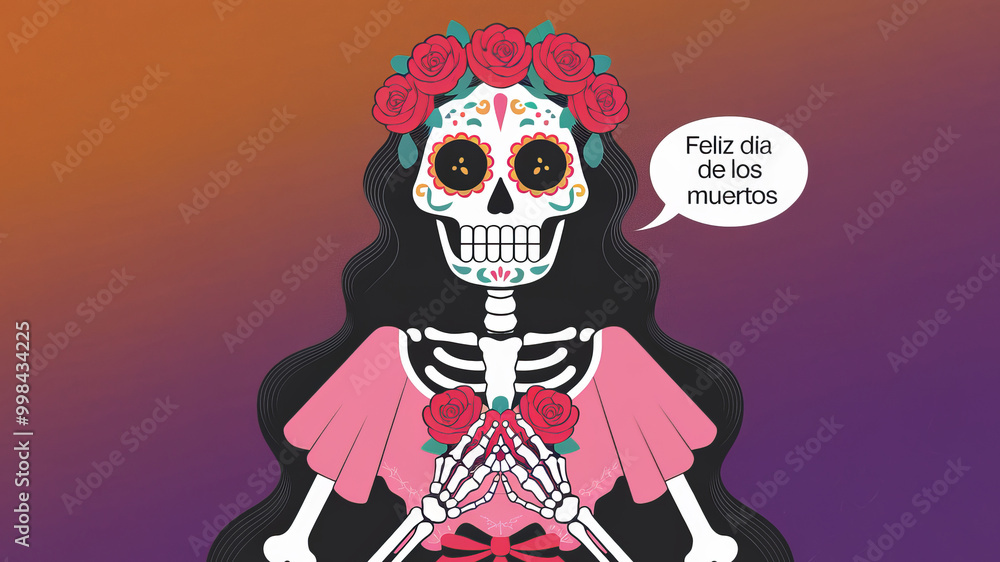 An illustrated skeleton with roses, colorful face paint, and a Feliz dia de los muertos speech bubble on a gradient background. Concept of Day of the Dead celebration. An illustrated skeleton with roses, colorful face paint, and a Feliz dia de los muertos speech bubble on a gradient background. Concept of Day of the Dead celebration.