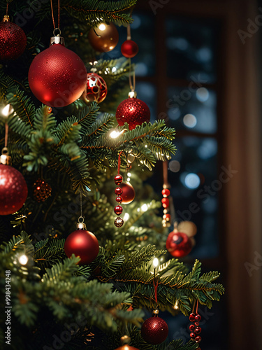 A Christmas tree adorned with red baubles and glowing lights.