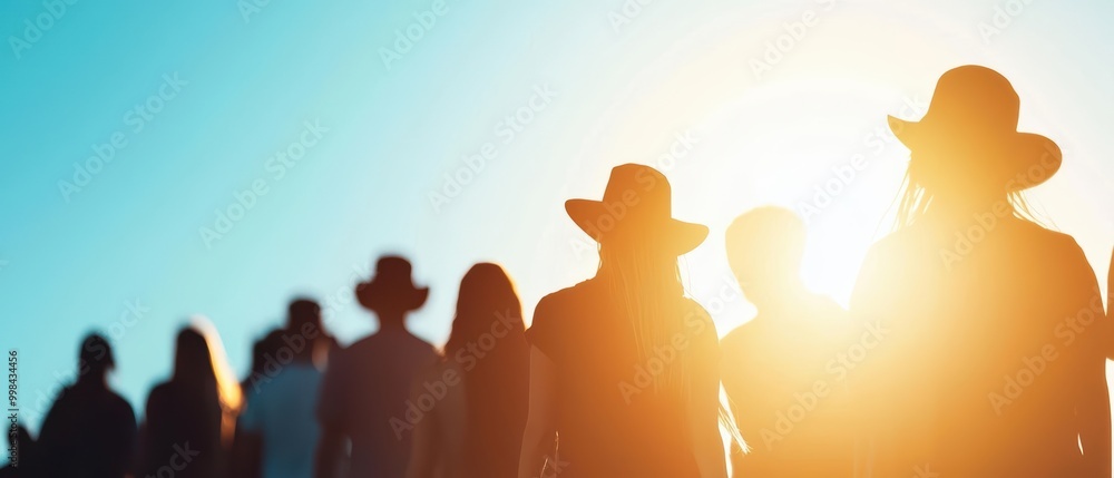 Silhouettes of individuals wearing hats walking towards the sun, capturing a moment of togetherness and adventure in nature. Silhouettes of individuals wearing hats walking towards the sun, capturing a moment of togetherness and adventure in nature.