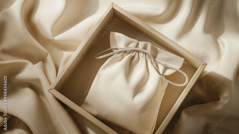 Simple drawstring bag mockup rests inside minimalist beige box. Calm simplicity. Smooth fabric giftbox template advertising image. Sustainable packaging mock up product photorealistic Simple drawstring bag mockup rests inside minimalist beige box. Calm simplicity. Smooth fabric giftbox template advertising image. Sustainable packaging mock up product photorealistic