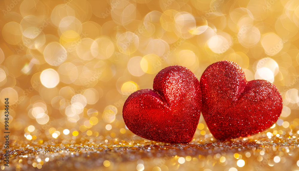 Fototapeta premium red hearts on gold glittering background for valentine's day
