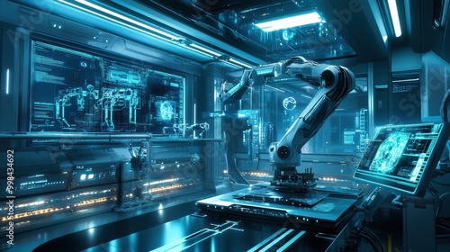 A robotic arm assembles intricate machinery in a sleek, modern lab environment with illuminated panels and dynamic holographic interfaces. Generative AI