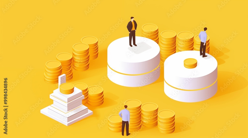 Isometric business strategy and finance 2D illustration. Professionals standing on large cylindrical platforms surrounded by coins stacks flat cartoon image. Investment wallpaper art Isometric business strategy and finance 2D illustration. Professionals standing on large cylindrical platforms surrounded by coins stacks flat cartoon image. Investment wallpaper art