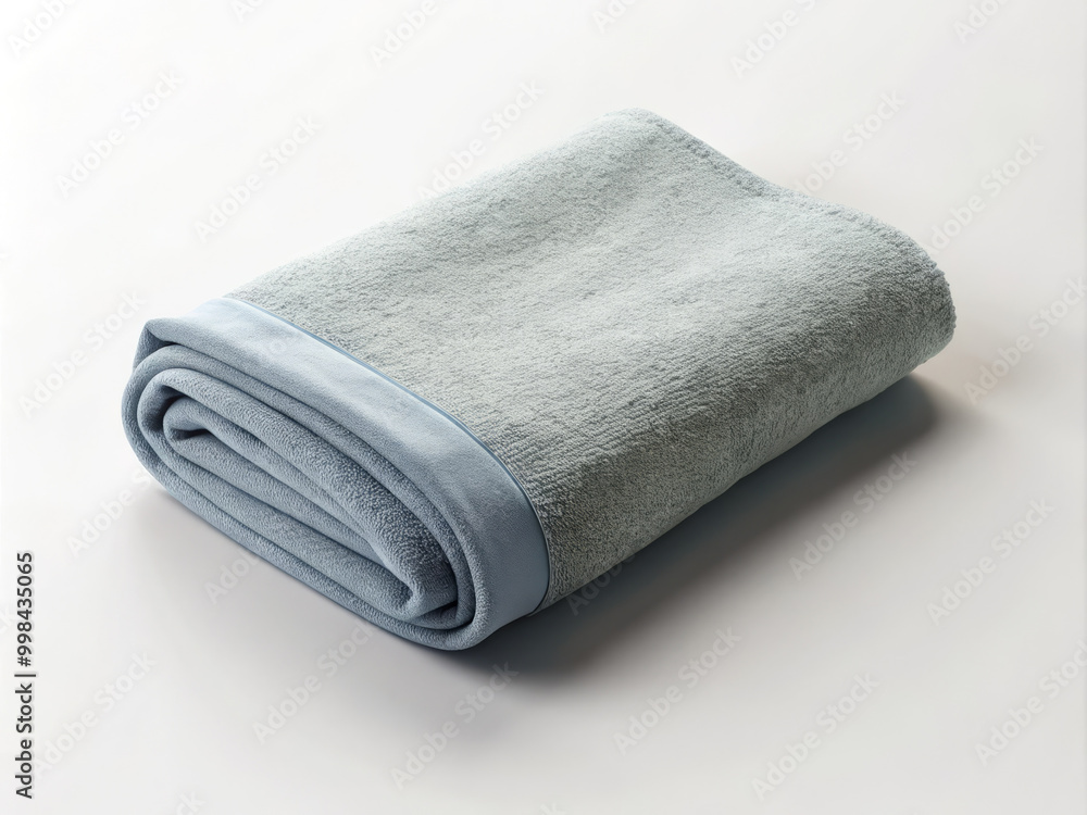 Soft and neatly folded bath towel in calming light blue color, resting on pristine white background, perfect for minimalist aesthetic Soft and neatly folded bath towel in calming light blue color, resting on pristine white background, perfect for minimalist aesthetic