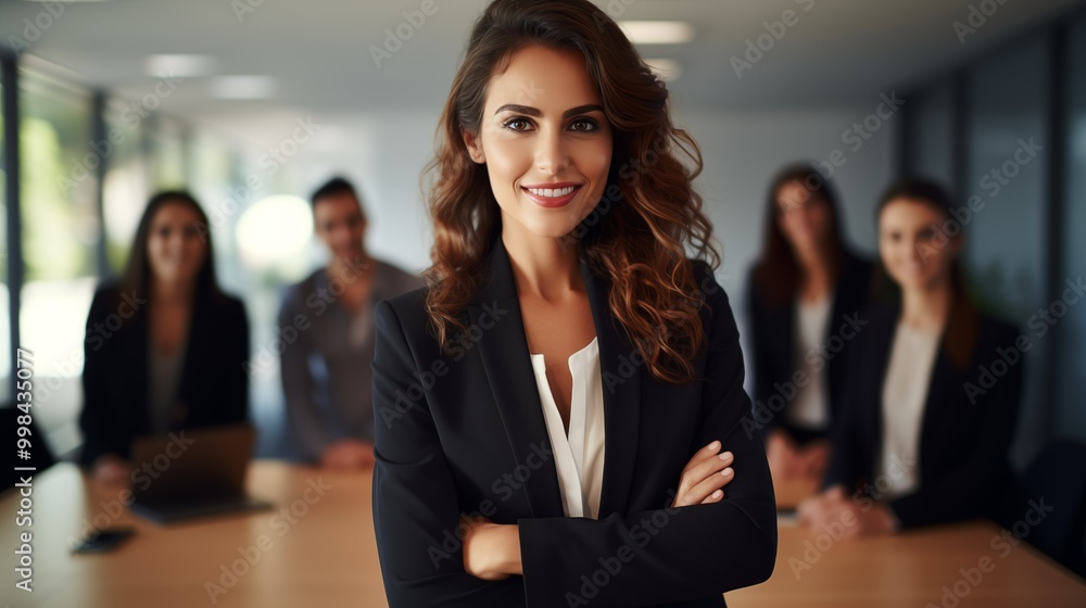 Smiling businesswoman leading team meeting portrait image. Group of colleagues behind female ceo picture photorealistic photography. Woman empowerment concept photo realistic