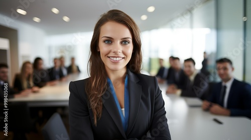 Businesswoman smiling in meeting room with blurred colleagues portrait image. Female executive presence picture photorealistic photography. Empowerment concept photo realistic