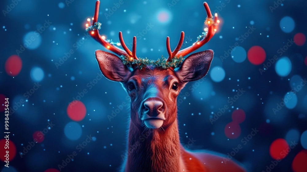 Reindeer with Festive Lights in Snowy Winter Forest Reindeer with Festive Lights in Snowy Winter Forest