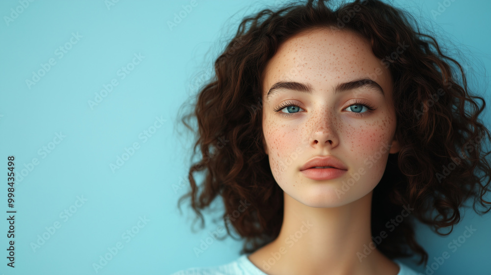 portrait of a young blue-eyed european woman with freckles on the light blue background portrait of a young blue-eyed european woman with freckles on the light blue background
