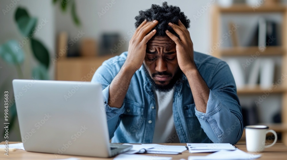 Frustrated Man Working on Laptop with Papers Frustrated Man Working on Laptop with Papers