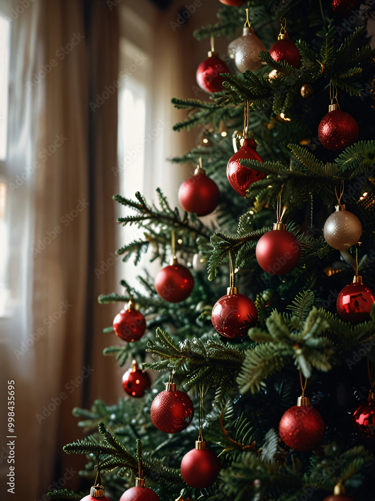 A Christmas tree adorned with red baubles and glowing lights. A Christmas tree adorned with red baubles and glowing lights.