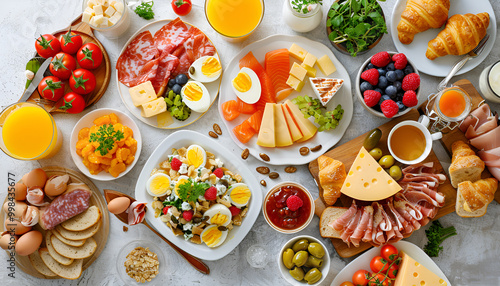 Wallpaper Mural Large selection of breakfast dishes on the table with muesli, eggs, croissants, orange juice, fruit, smoked salmon, cold cuts, cheese and jam served with coffee, top view Torontodigital.ca