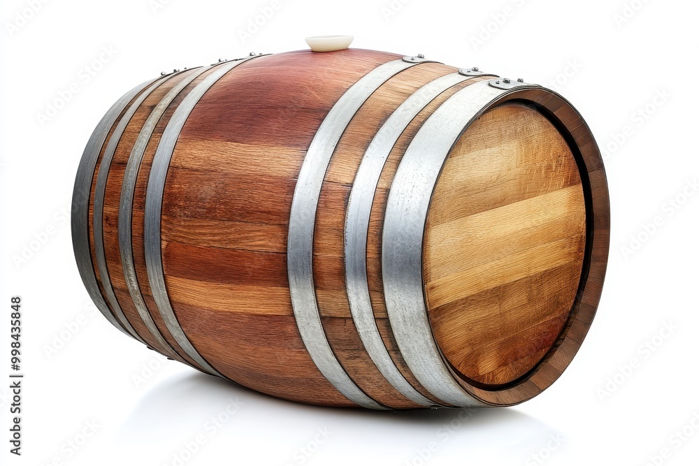 A wooden barrel with metal bands, typically used for aging beverages like wine or whiskey. A wooden barrel with metal bands, typically used for aging beverages like wine or whiskey.