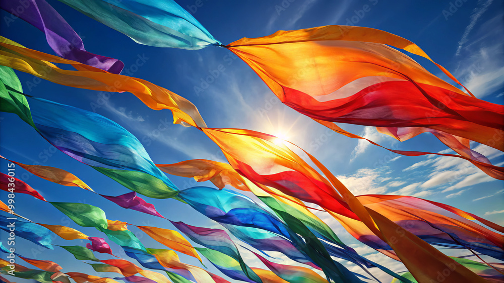 Vibrant banners of various hues gently sway in wind against bright blue sky, creating lively and colorful atmosphere. sunlight enhances beauty of flowing fabric Vibrant banners of various hues gently sway in wind against bright blue sky, creating lively and colorful atmosphere. sunlight enhances beauty of flowing fabric