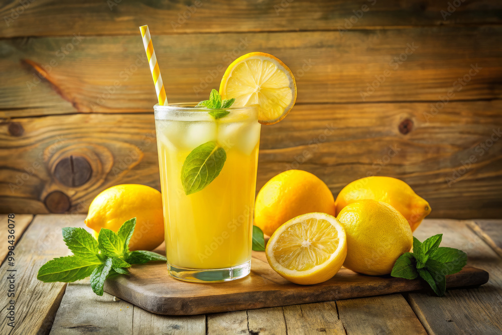 Refreshing lemonade with vibrant yellow hue, garnished with mint leaves and lemon slices, surrounded by fresh lemons on wooden table Refreshing lemonade with vibrant yellow hue, garnished with mint leaves and lemon slices, surrounded by fresh lemons on wooden table